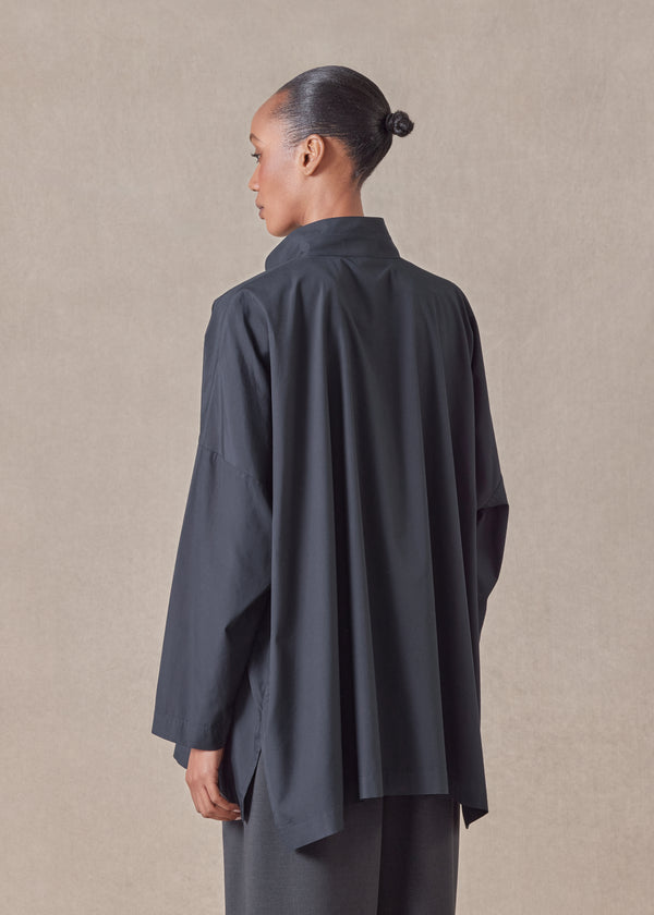 Eskandar Cotton Wide Double Stand Collar Shirt With Hidden Pocket - Long