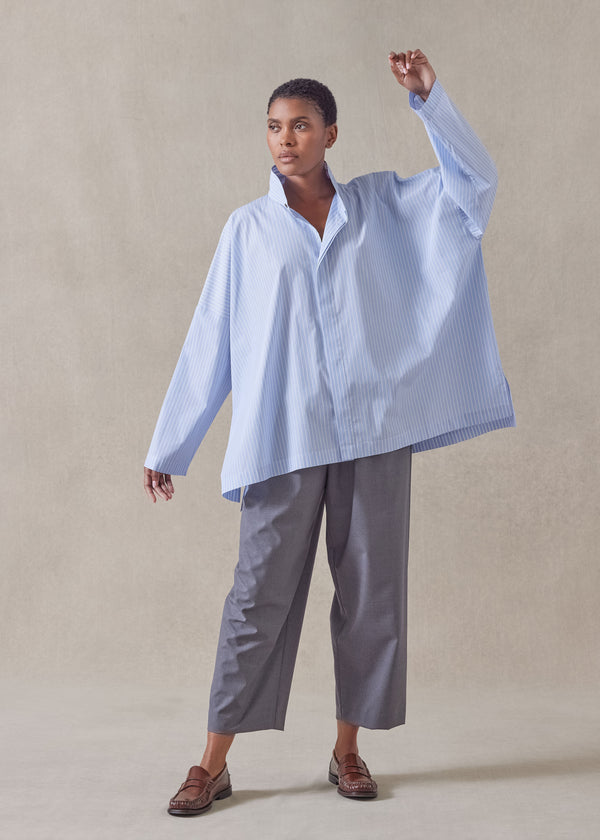 Eskandar Cotton Wide Longer Back Double Stand Collar Shirt - Mid Plus