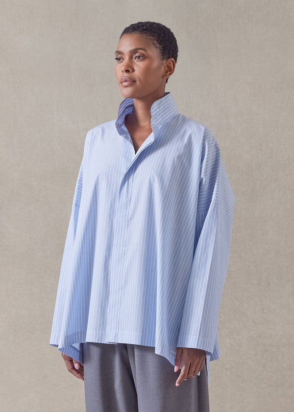 Eskandar Cotton Wide Longer Back Double Stand Collar Shirt - Mid Plus