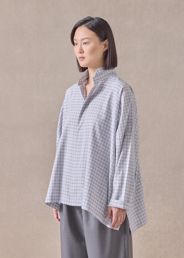 Eskandar Cotton Wide Longer Back Double Stand Collar Shirt - Mid Plus