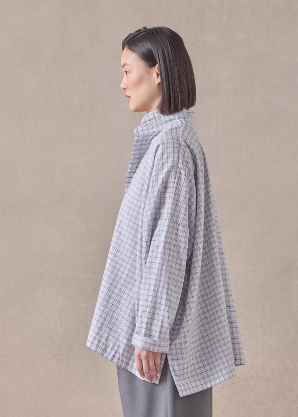 Eskandar Cotton Wide Longer Back Double Stand Collar Shirt - Mid Plus