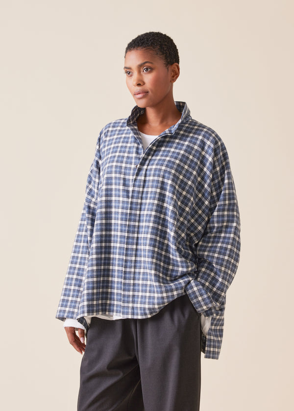 Eskandar Cotton Wide Longer Back Double Stand Collar Shirt - Mid Plus