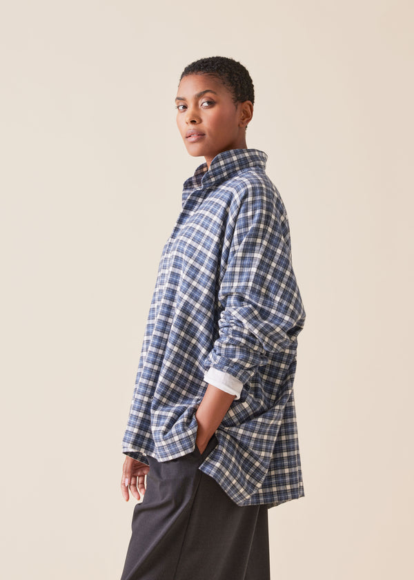 Eskandar Cotton Wide Longer Back Double Stand Collar Shirt - Mid Plus