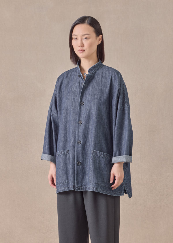 Eskandar Cotton Wide Longer Back Mandarin Jacket - Long