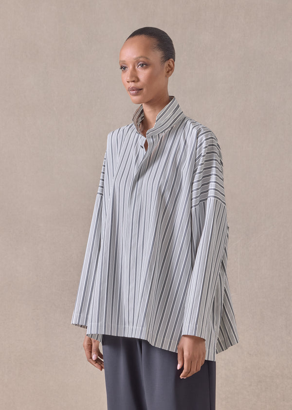 Eskandar Cotton Wide Longer Back Shirt With Double Stand Collar - Mid Plus