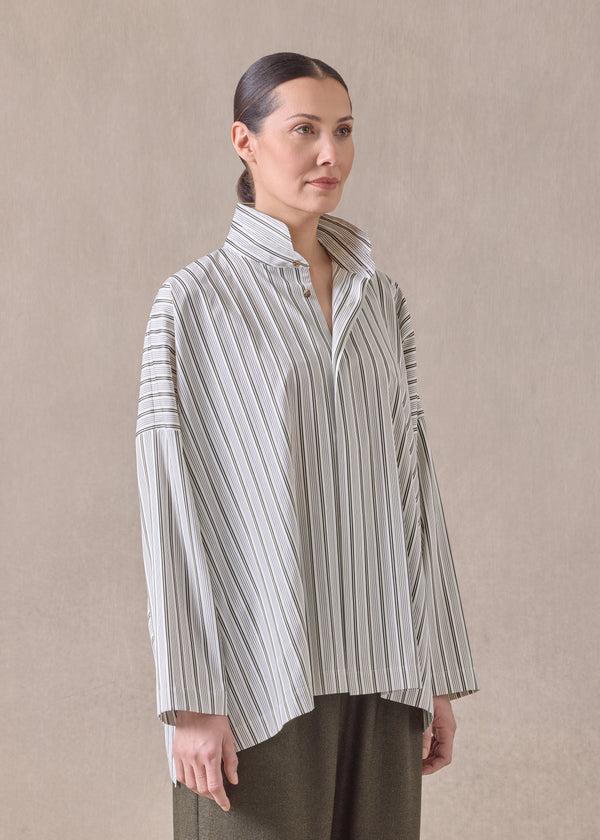 Eskandar Cotton Wide Longer Back Shirt With Double Stand Collar - Mid Plus