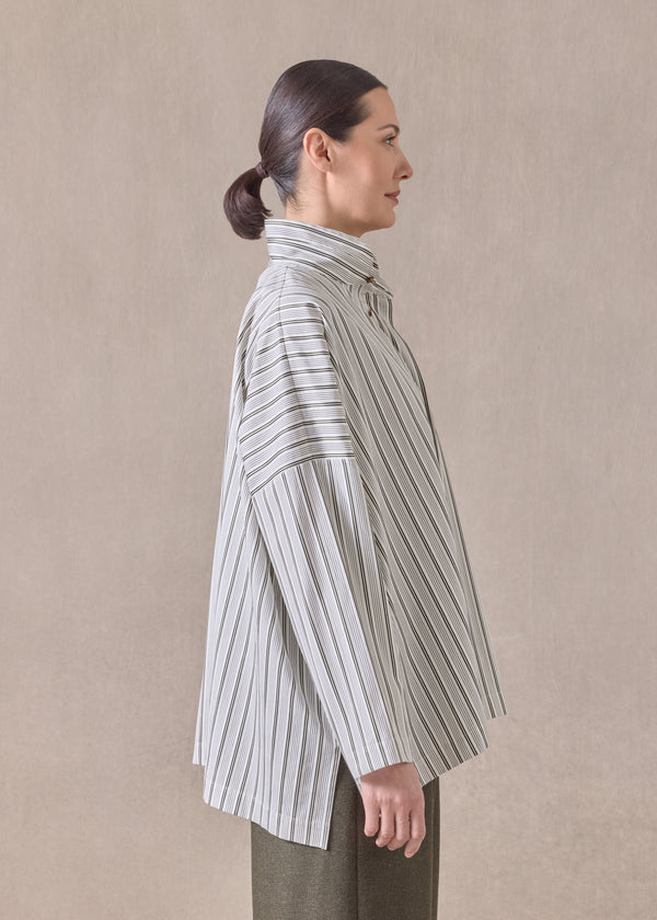 Eskandar Cotton Wide Longer Back Shirt With Double Stand Collar - Mid Plus