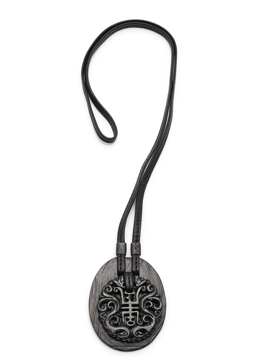 eskandar double oval kamagong wood & carved blk jade leather pendant