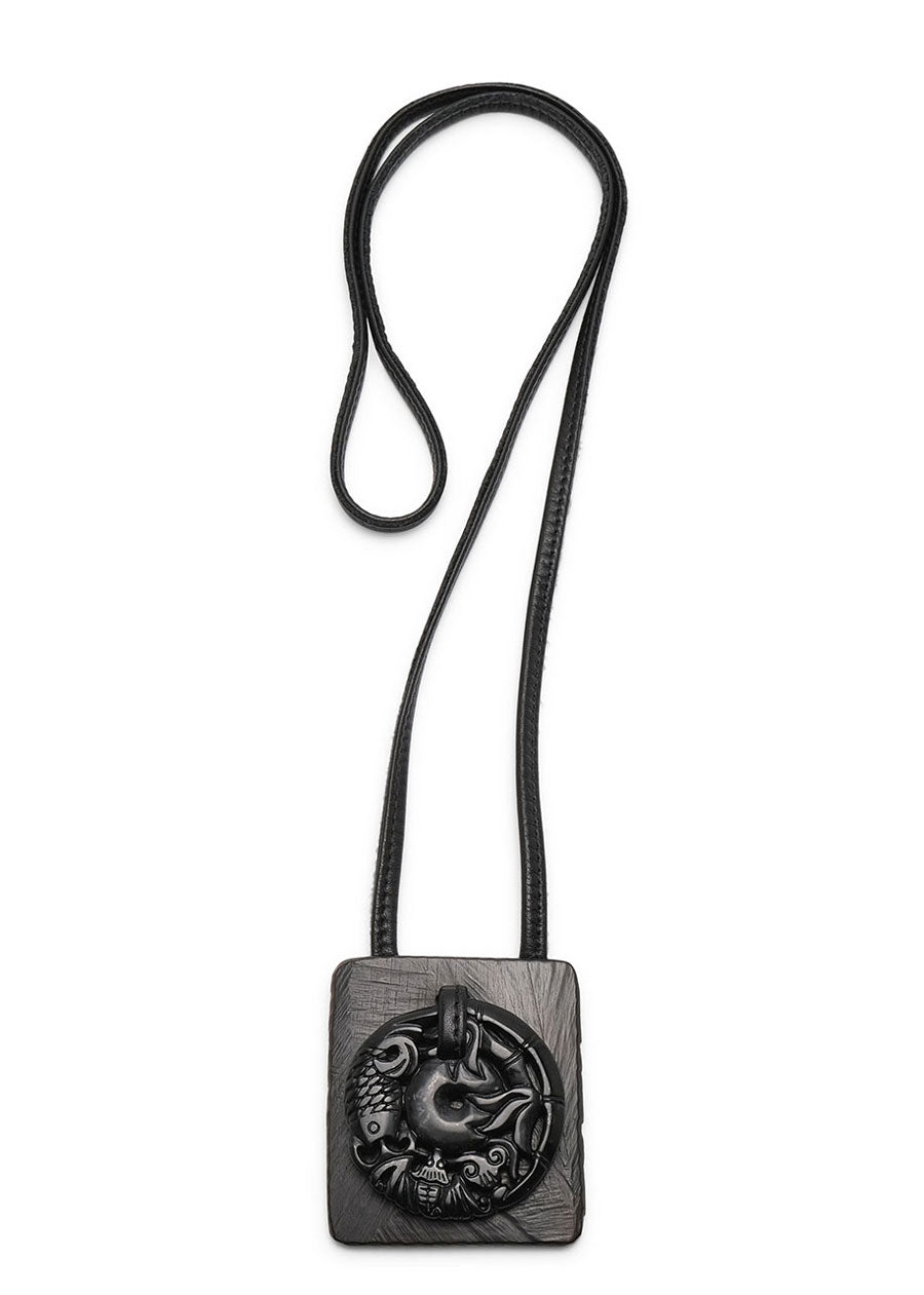 eskandar double square kamagong wood & carved black jade leather pendant