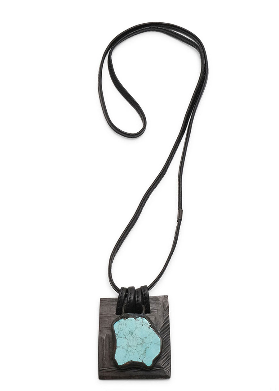 eskandar double square kamagong wood & stone pendant with leather loop det