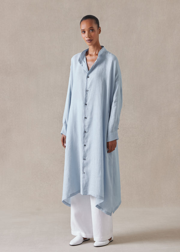 Eskandar Linen Wide A-line Collarless Shirt Dress
