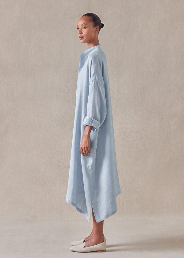 Eskandar Linen Wide A-line Collarless Shirt Dress