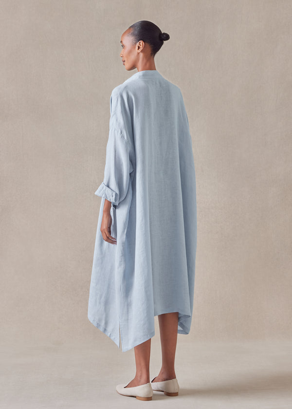 Eskandar Linen Wide A-line Collarless Shirt Dress