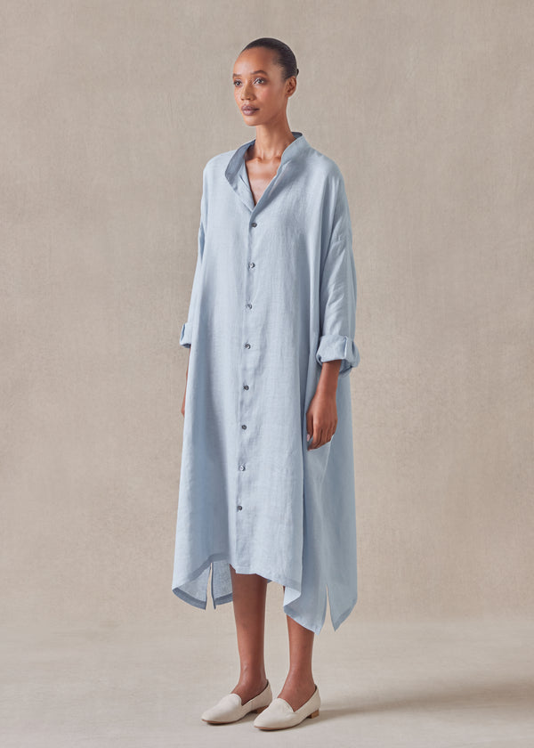 eskandar linen wide a-line collarless shirt dress