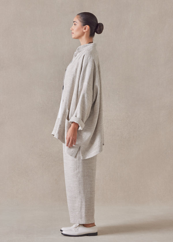 Eskandar Linen Wide Mandarin Jacket - Long
