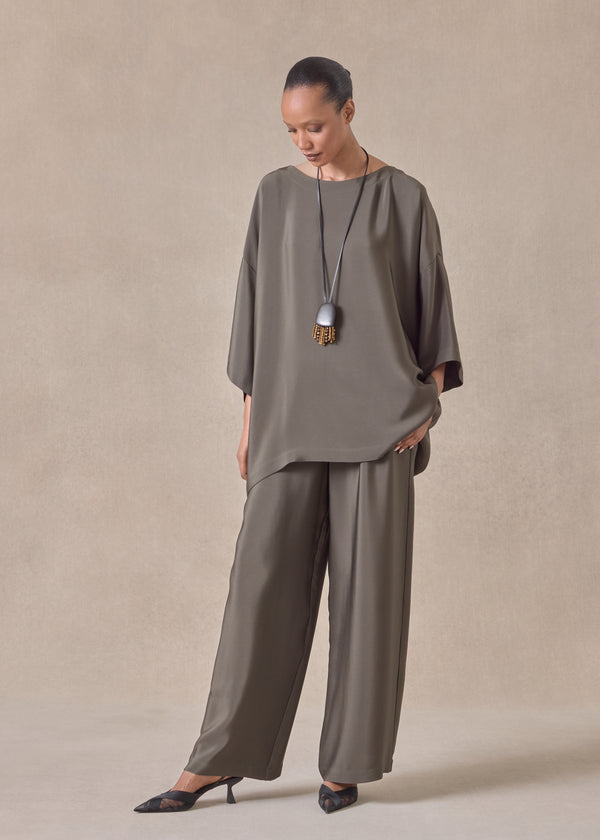 eskandar silk 3/4 sleeve bateau neck tunic - long