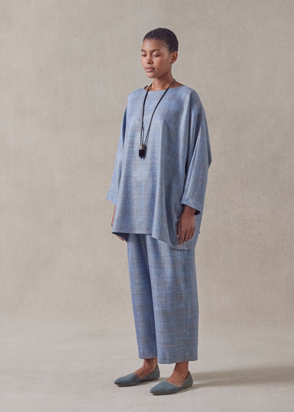 eskandar silk linen wool mix boat neck top - long