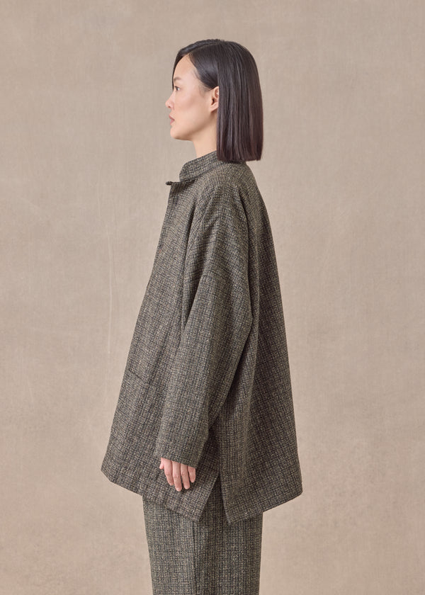 Eskandar Wool Silk Mix Wide Mandarin Jacket - Long