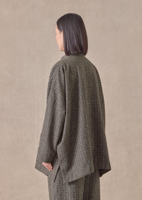 Eskandar Wool Silk Mix Wide Mandarin Jacket - Long