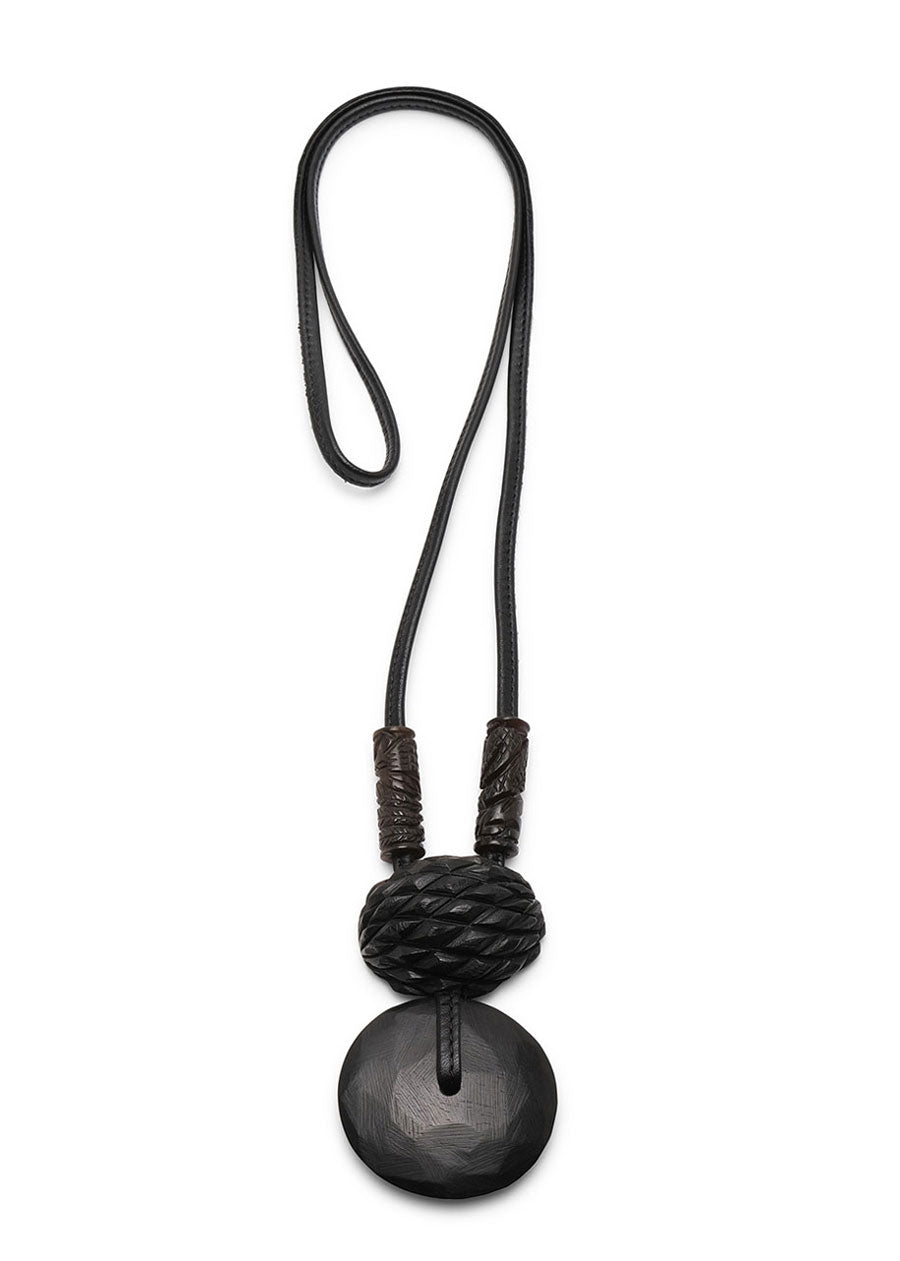 eskandar kamagong wood disc & pineapple with jade tubes leather pendant