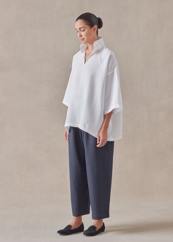 Eskandar Linen A-line Short Sleeve Tunic With Double Stand Collar - Mid