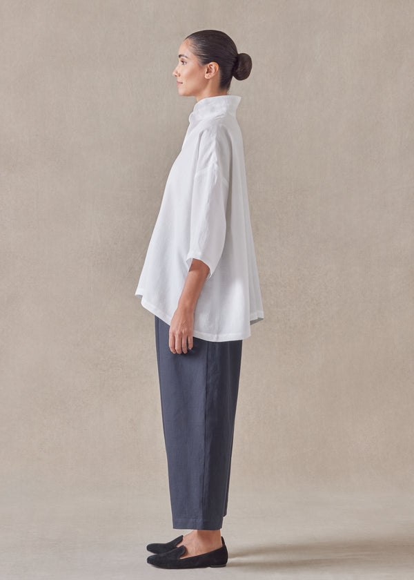 Eskandar Linen A-line Short Sleeve Tunic With Double Stand Collar - Mid