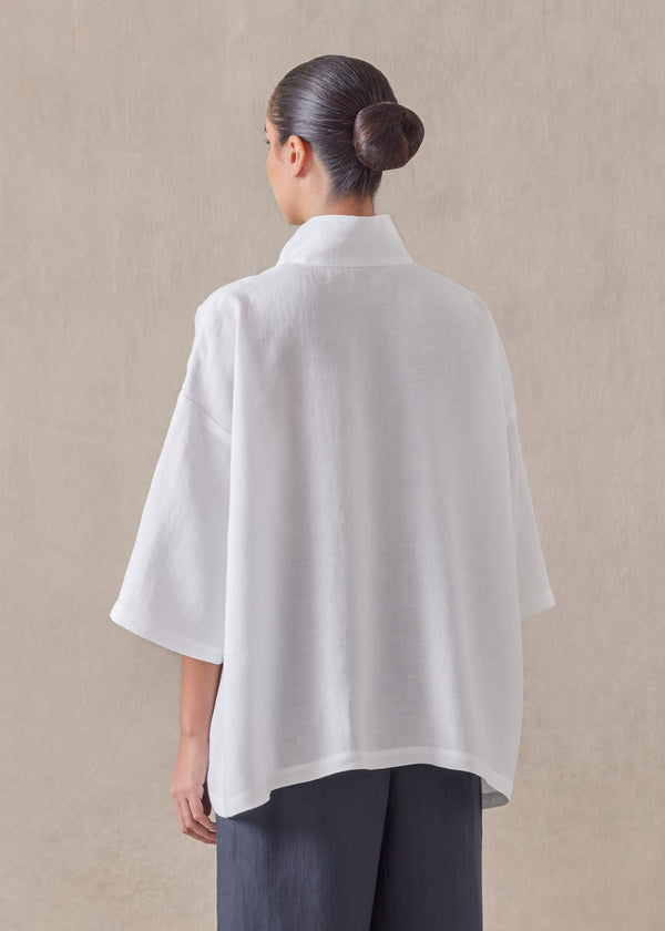 Eskandar Linen A-line Short Sleeve Tunic With Double Stand Collar - Mid