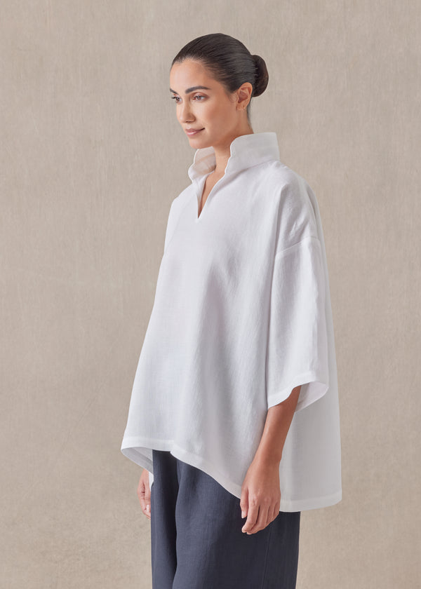 eskandar linen a-line short sleeve tunic with double stand collar - mid