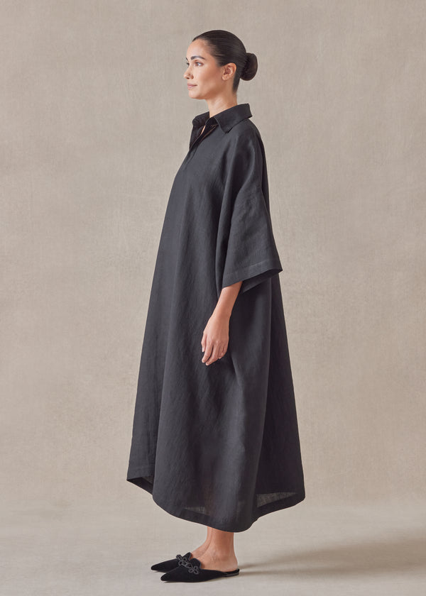 Eskandar Linen Angle To Front Side Seam Short Sleeve Dress With Collar