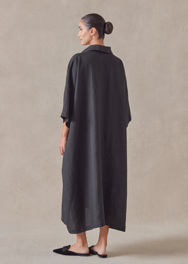 Eskandar Linen Angle To Front Side Seam Short Sleeve Dress With Collar