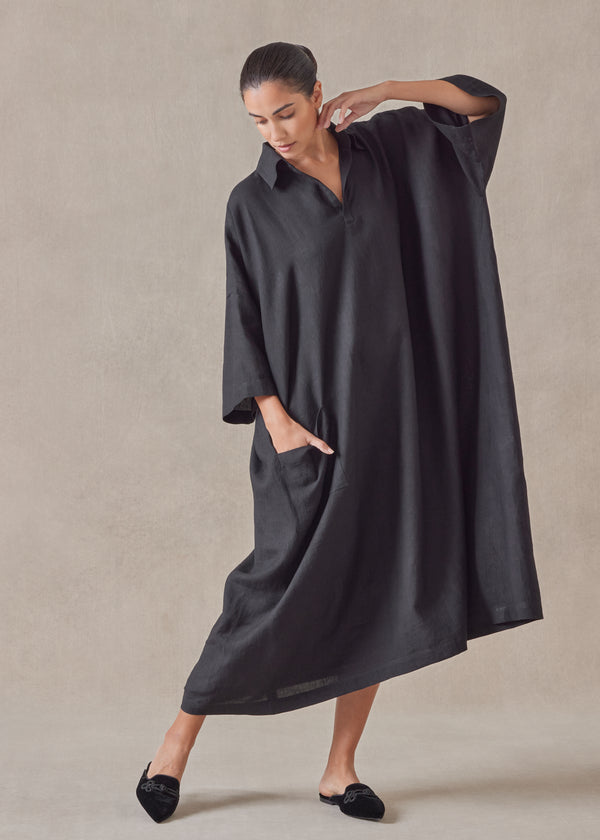 eskandar linen angle to front side seam short sleeve dress with collar