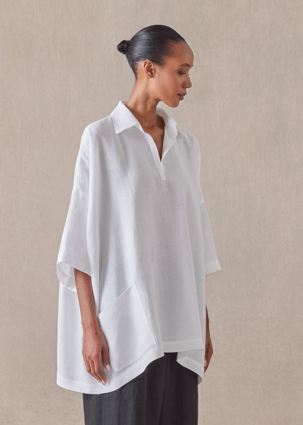 Eskandar Linen Angle To Front Side Seam Short Sleeve Tunic With Collar - Long
