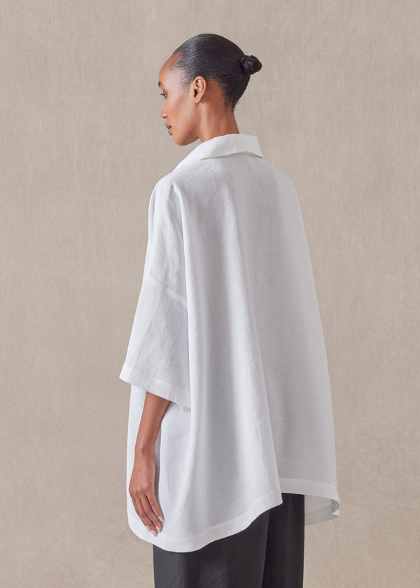 Eskandar Linen Angle To Front Side Seam Short Sleeve Tunic With Collar - Long