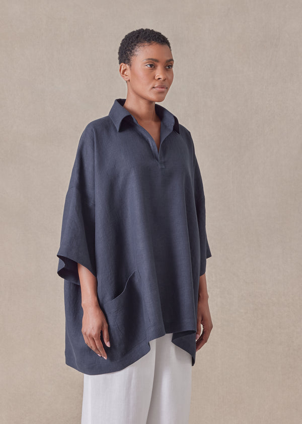 Eskandar Linen Angle To Front Side Seam Short Sleeve Tunic With Collar - Long