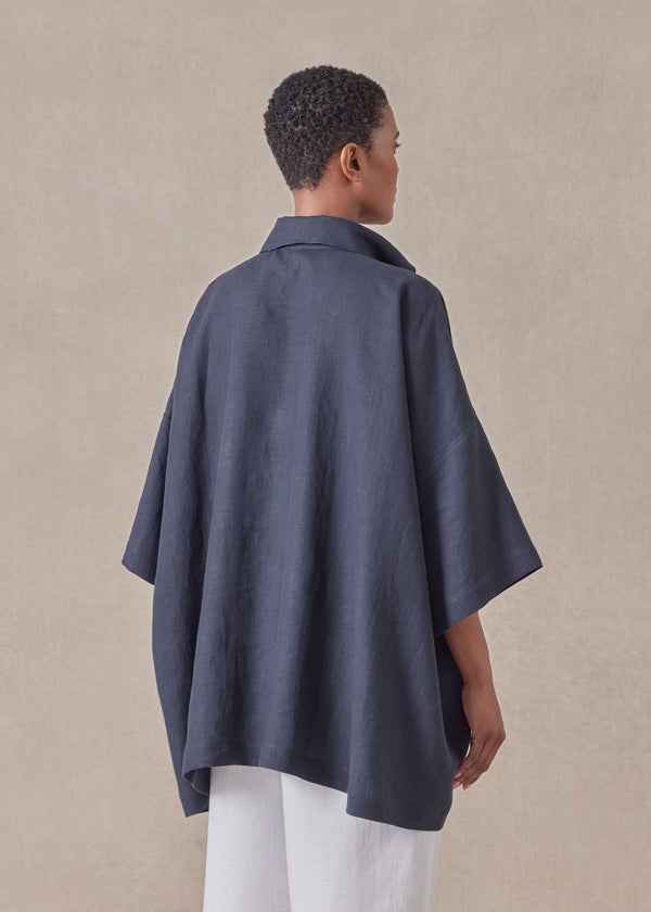 Eskandar Linen Angle To Front Side Seam Short Sleeve Tunic With Collar - Long