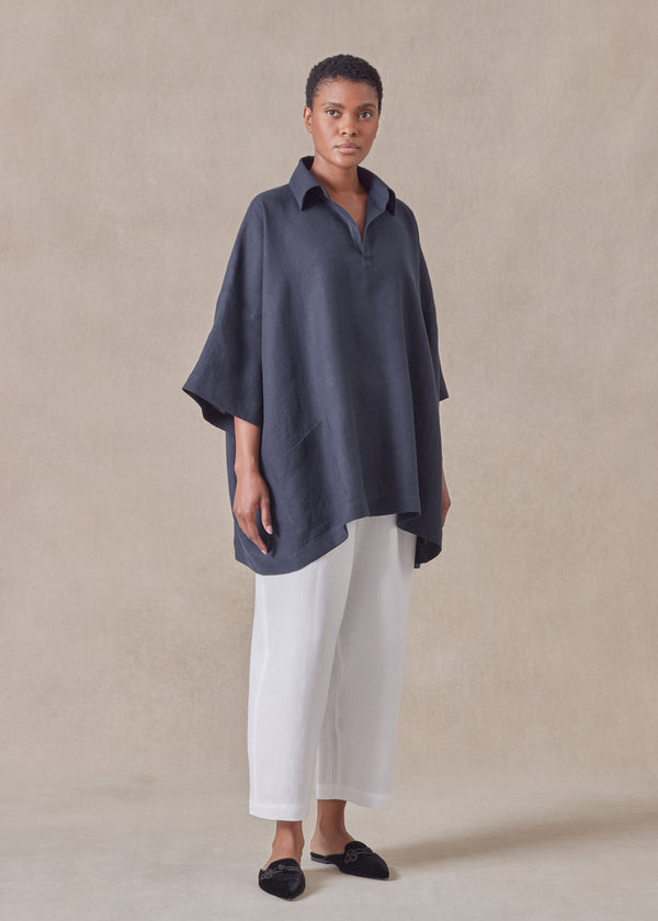 eskandar linen angle to front side seam short sleeve tunic with collar - long