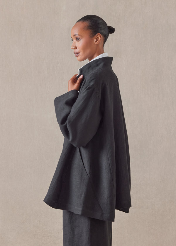 Eskandar Linen Caucasus Jacket With Notch Collar - Long