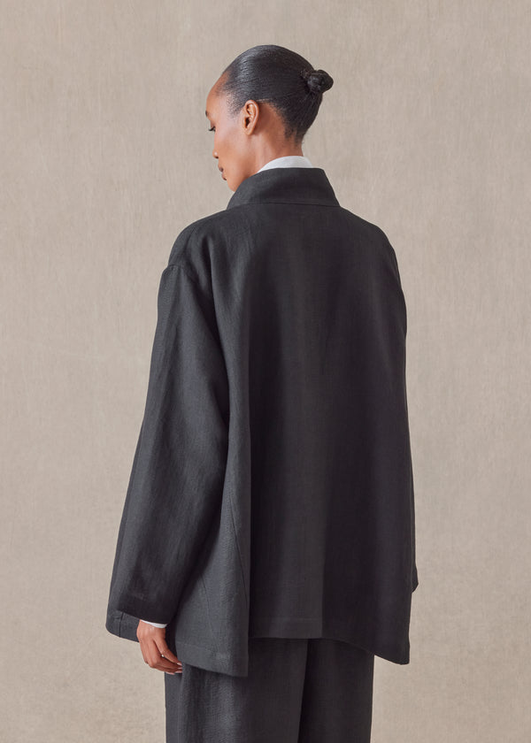 Eskandar Linen Caucasus Jacket With Notch Collar - Long