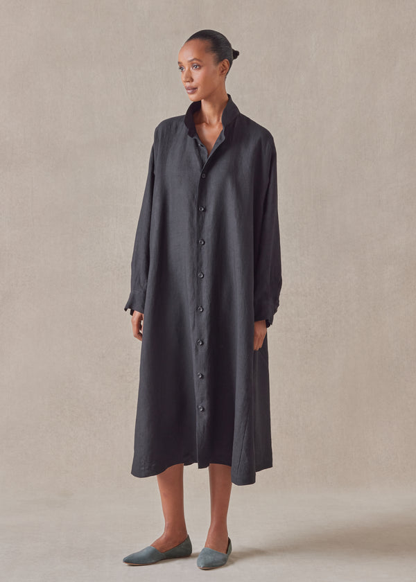 Eskandar Linen Caucasus Shirt Dress With Notch Collar