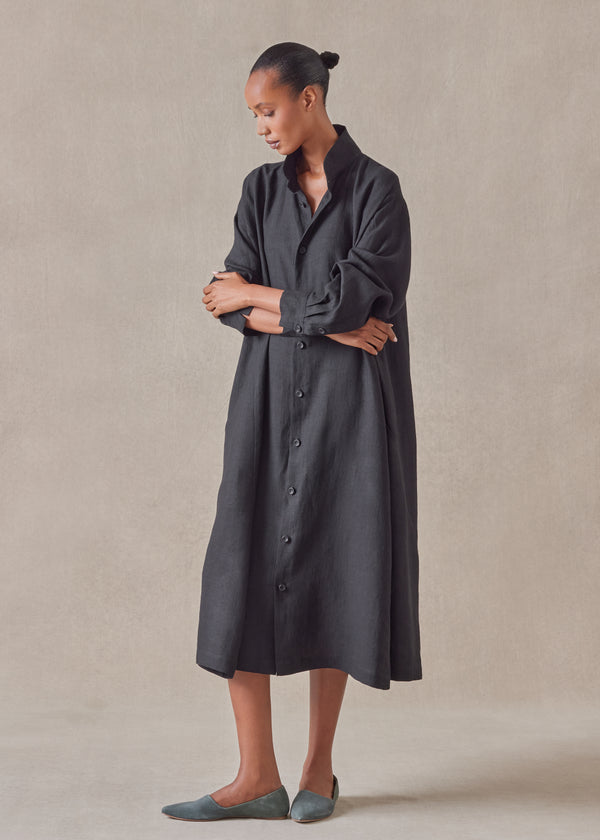 eskandar linen caucasus shirt dress with notch collar
