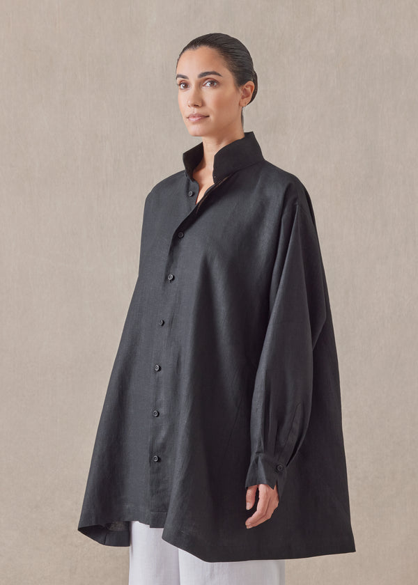 Eskandar Linen Caucasus Shirt With Notch Collar - Long Plus