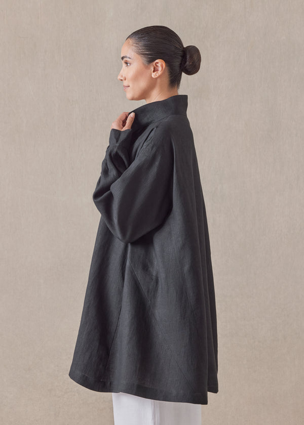 Eskandar Linen Caucasus Shirt With Notch Collar - Long Plus