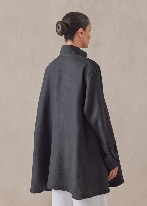 Eskandar Linen Caucasus Shirt With Notch Collar - Long Plus