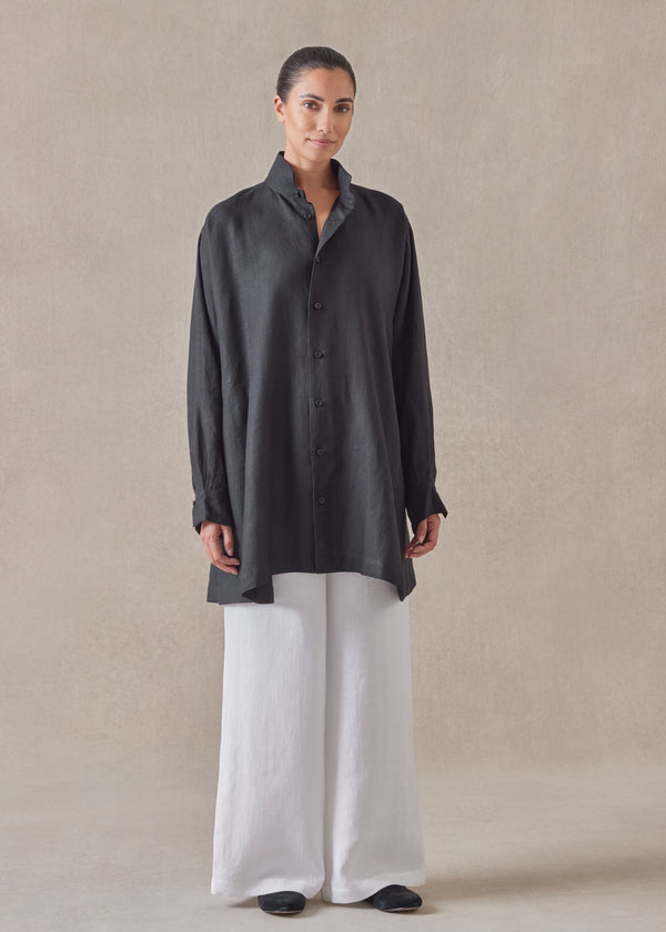 eskandar linen caucasus shirt with notch collar - long plus