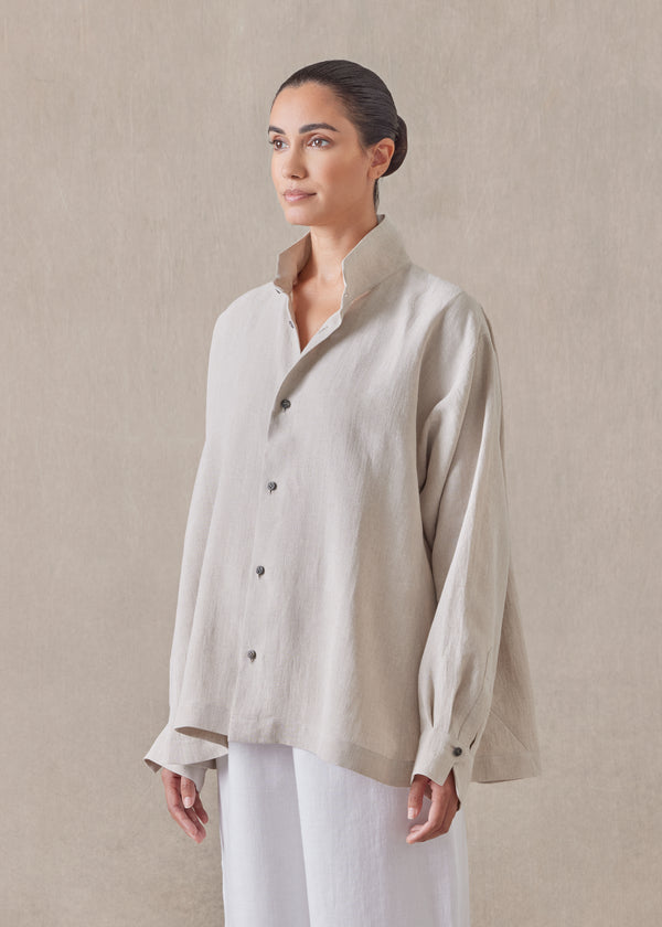 Eskandar Linen Caucasus Shirt With Notch Collar - Mid Plus