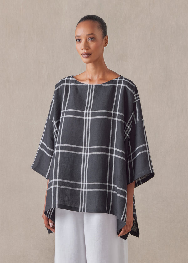 Eskandar Linen Dps Scoop Neck 3/4 Sleeve Top - Mid Plus