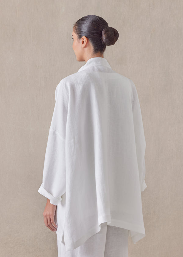 Eskandar Linen Longer Back Wide Mandarin Jacket - Long