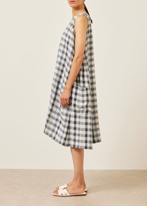 Eskandar Linen Mix 3/4 Length Side Pleated Sleeveless Dress