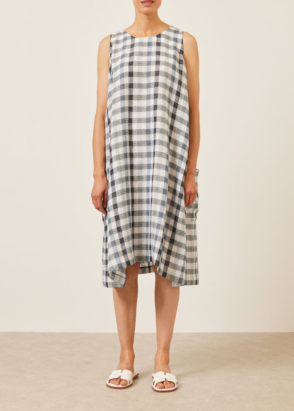 eskandar linen mix 3/4 length side pleated sleeveless dress