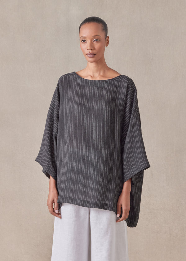eskandar linen mix 3/4 sleeve scoop neck tunic - long